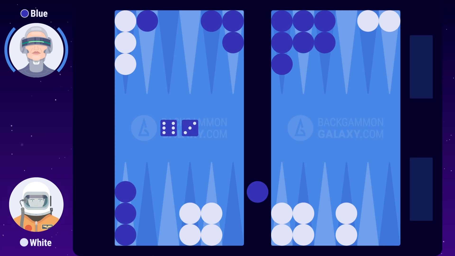 Blue must now use her roll to enter her checker into White's home board before moving any other checkers. Now if Blue rolls 1-3, since White is occupying the 3-point Blue is forced to enter on the 1-point. A checker is entered by moving it to an open point in your opponent's home board. If Blue rolled 6-3 and was unable to enter (often referred to as