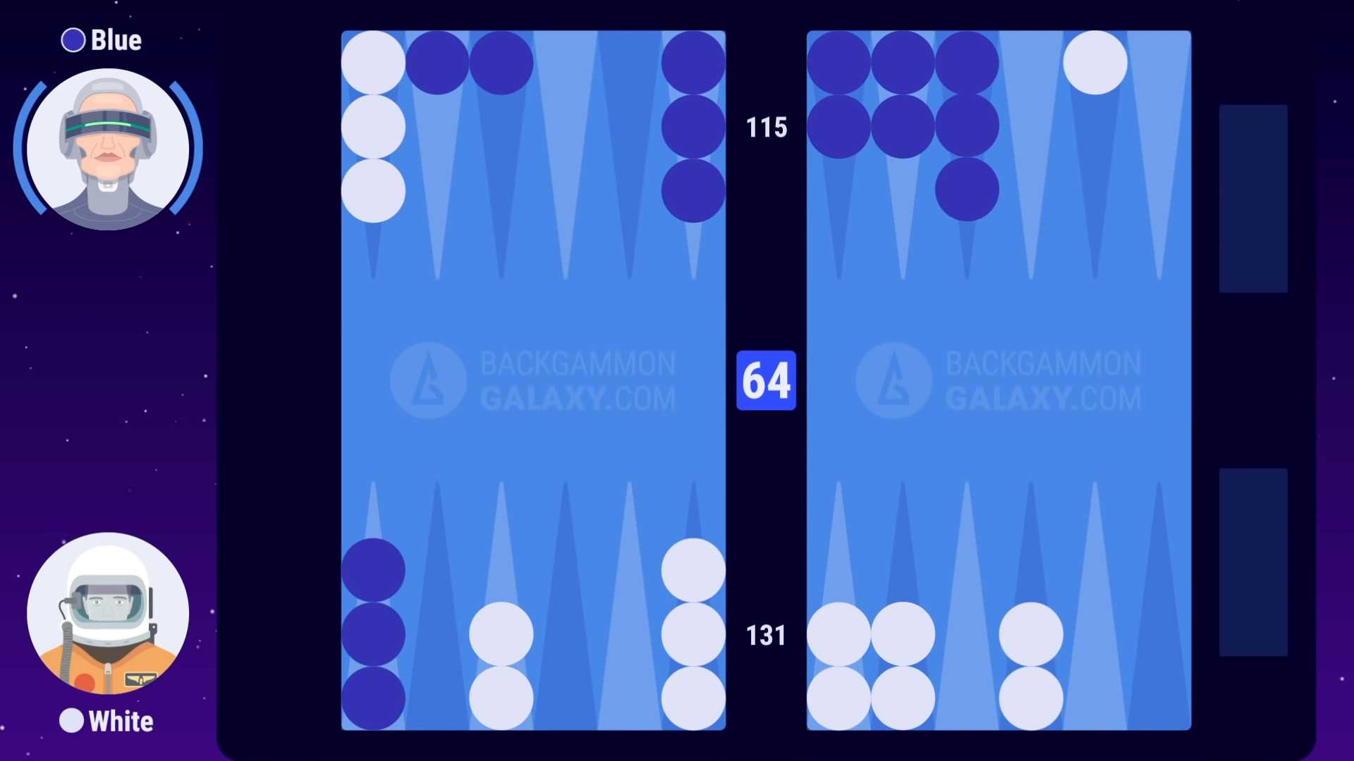 Blue doubles White, and White now has two options:  Pass  or  Take I f he passes the game ends and his opponent wins the number of points of the cube level. Passing an initial cube wins the opponent 1 point, passing a redouble from 2 to 4 wins the opponent 2 points, and so on and so forth.