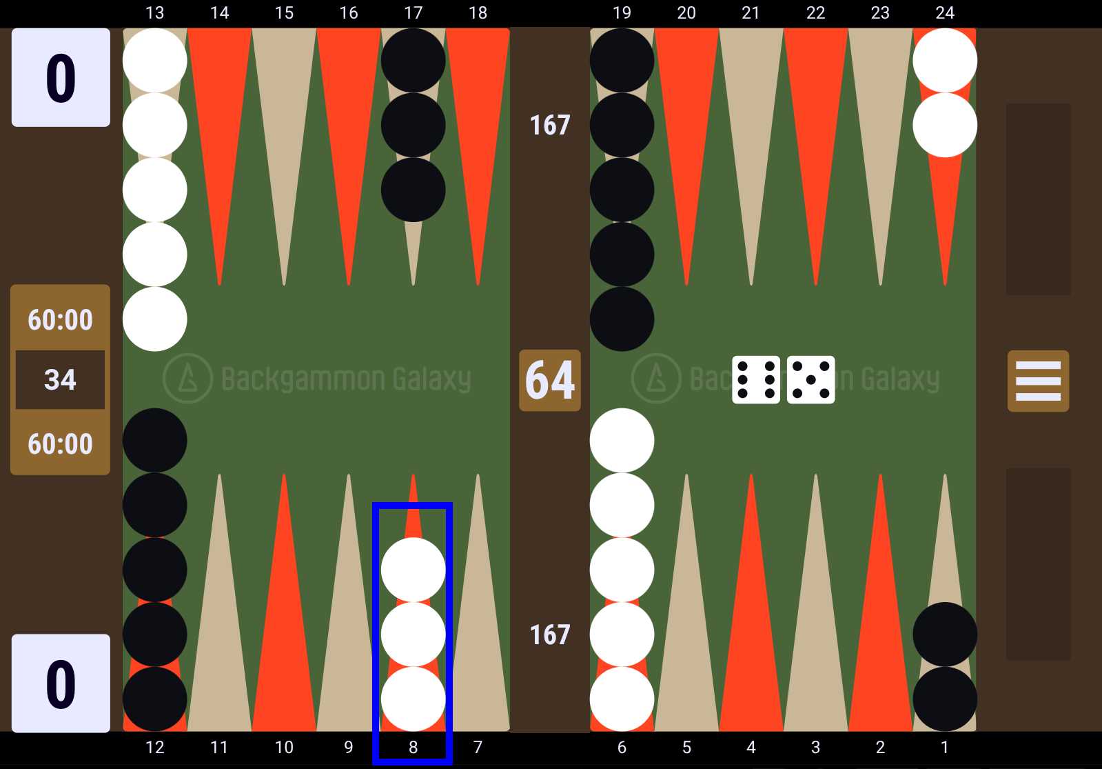 Backgammon Starting Position with 3 checkers on the 8-point