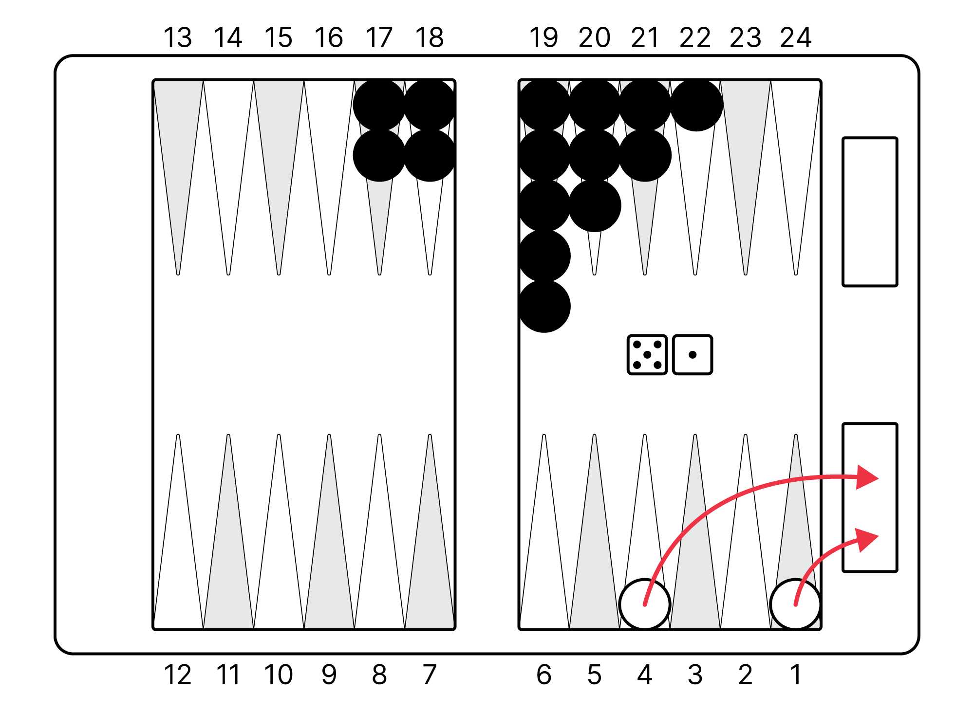 Backgammon board showing how to win by bearing off the last two checkers