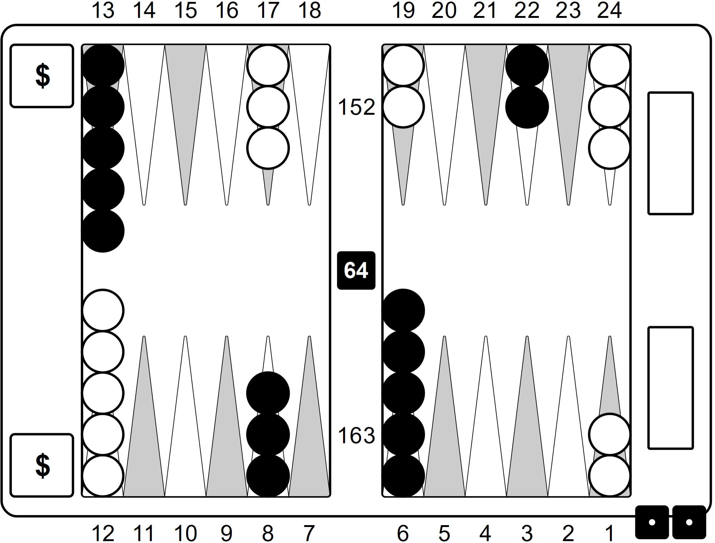 Backgammon game board with black and white checkers, two dice showing five and two, and a doubling cube showing 64, in play.