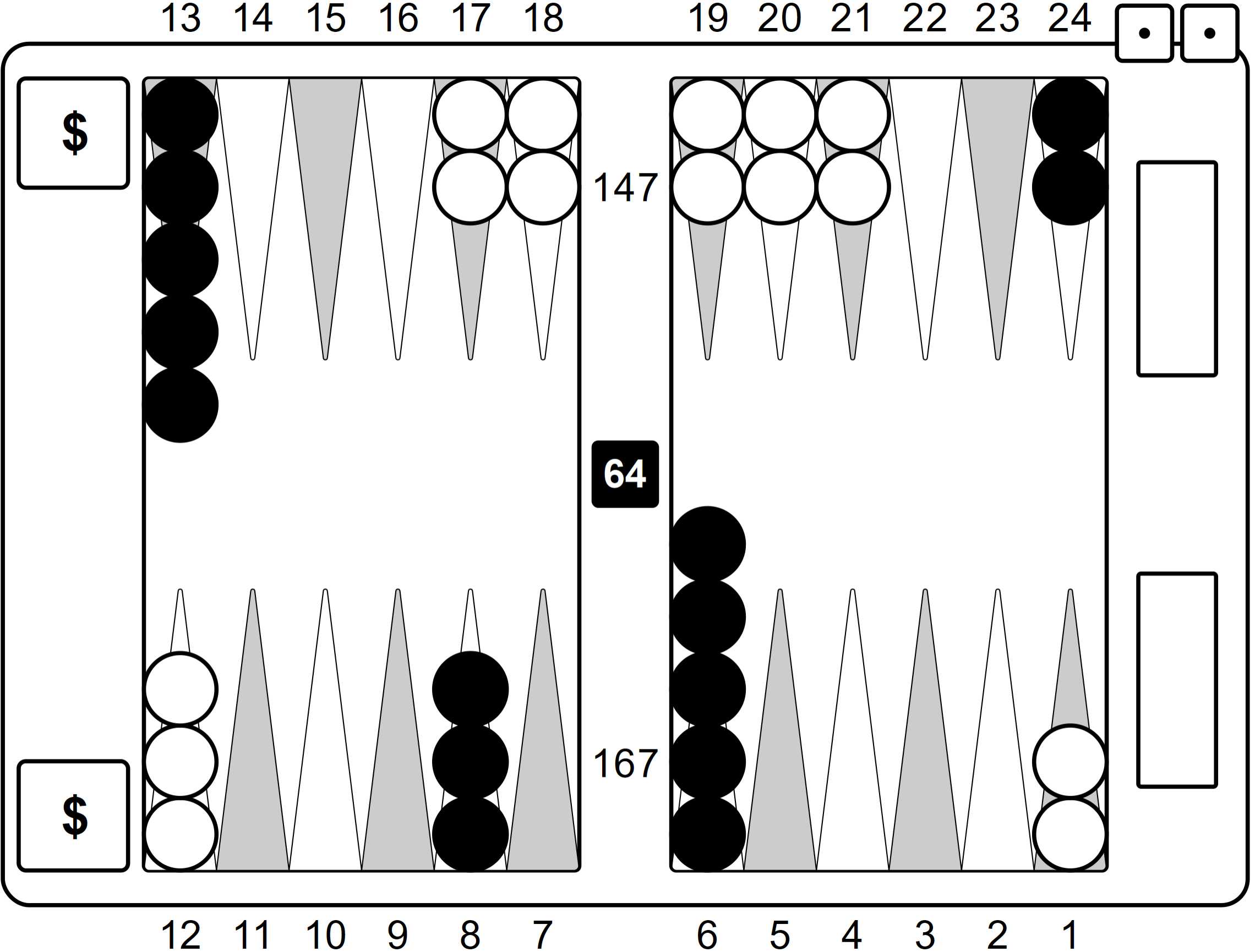 A backgammon board with checkers arranged for a game, showing black and white checkers in starting positions and numbered edges.