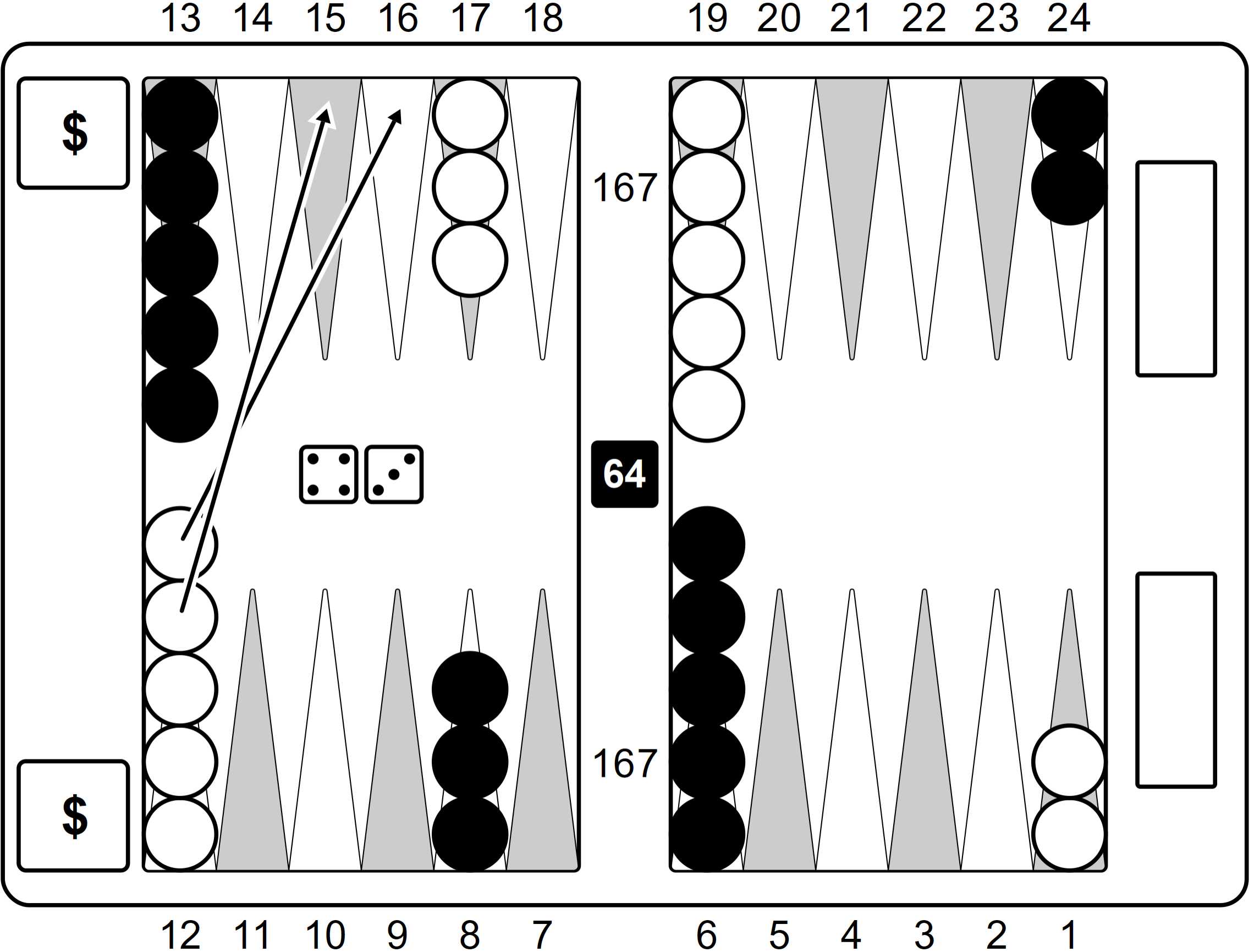 Backgammon game board with checkers, dice showing three and five, and two bar areas. One player has checkers on points 24, 13, 14, 15, 17, 18, and 19. The other has checkers on points 1, 2, 3, 4, 5, 6, and 24. The score is 64, and there are move arrows indicating a possible move.
